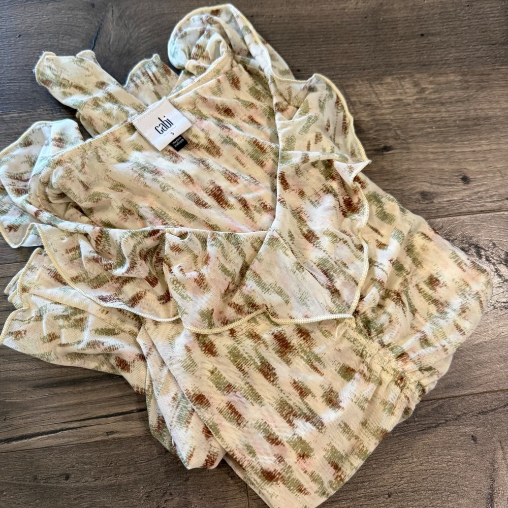 Cabi Dapple Top Gathered Mesh Small Green Brown Ruffle V-Neck Long Sleeve Blouse